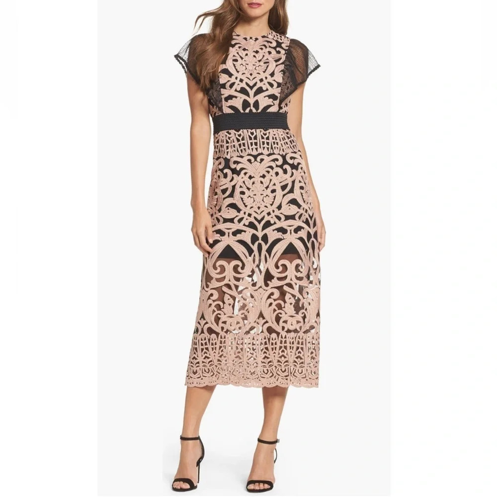 {Foxiedox} Rosabel Embroidered Midi Sheath Dress